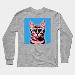 Pop Art Geek Cat in Bkue Background - Print / Home Decor / Wall Art / Poster / Gift / Birthday / Cat Lover Gift / Animal print Canvas Print Long Sleeve T-Shirt